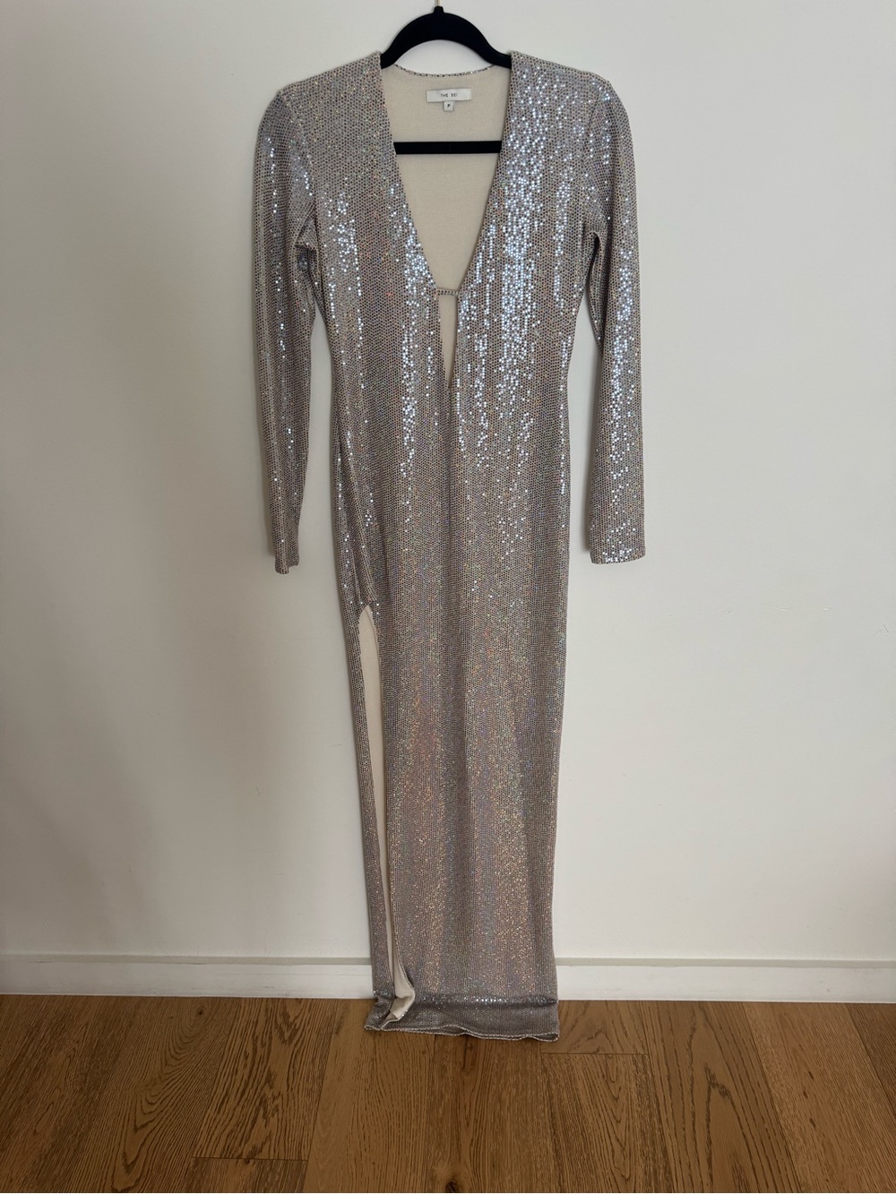 The Sei Silver Sequin Long-Sleeve Plunge Maxi Dress